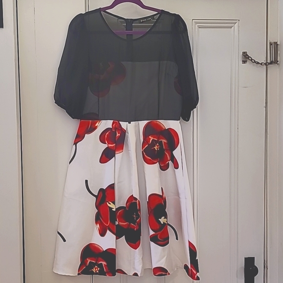 Size 42 / US 10 Jeanne D'Arc black & white fit and flare dress with red flowers. - Picture 1 of 4
